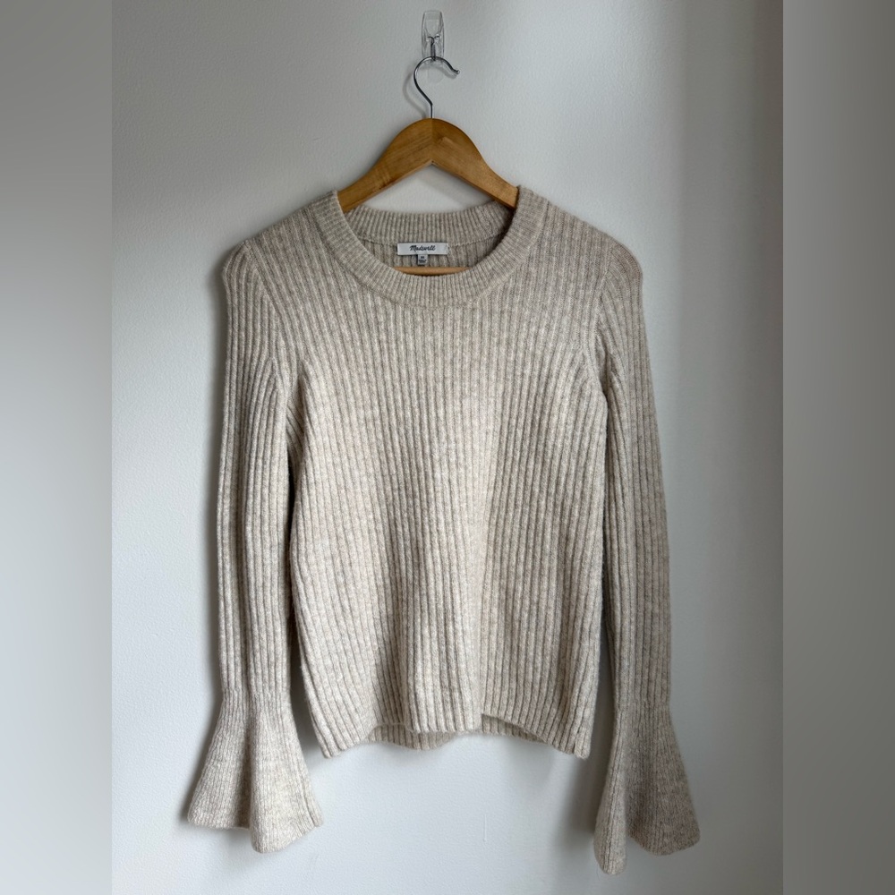 Madewell Women's Ribbed Scoop Crewneck Sweater with Bell Sleeves in Oatmeal